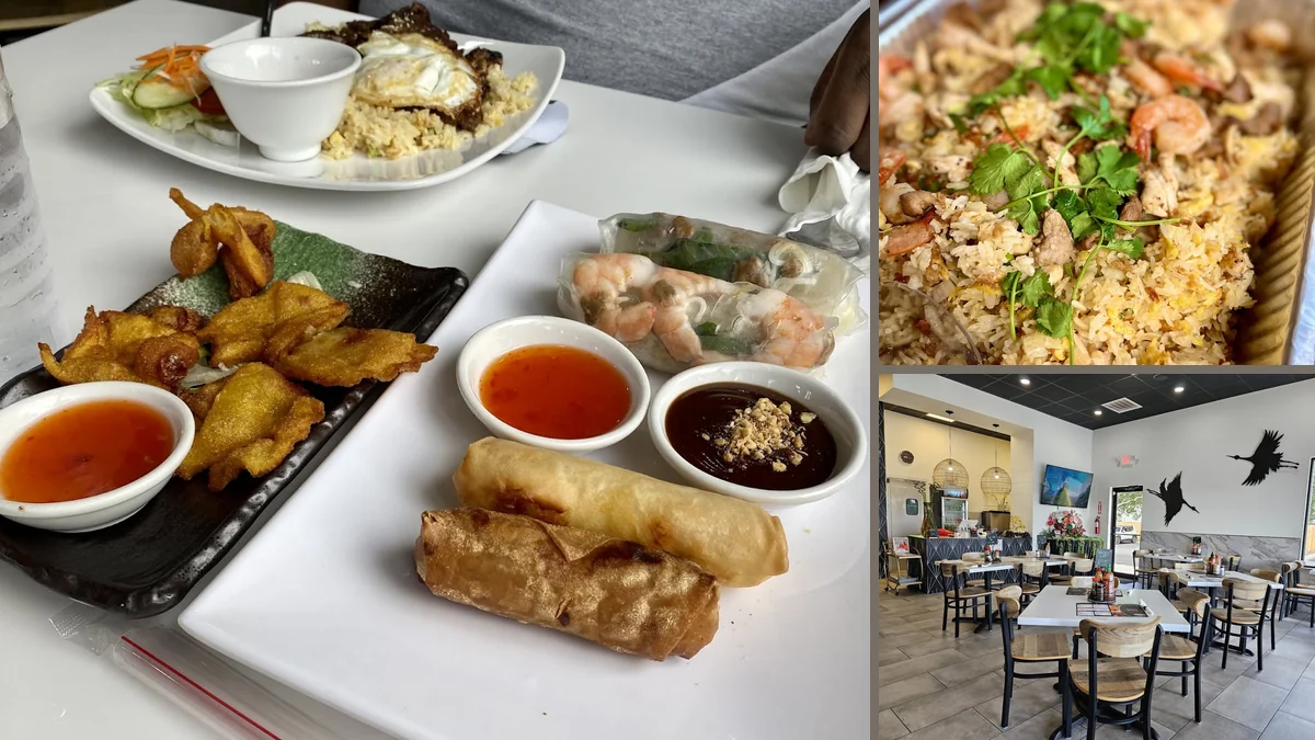 Colorful Vietnamese dishes on a casual restaurant table.